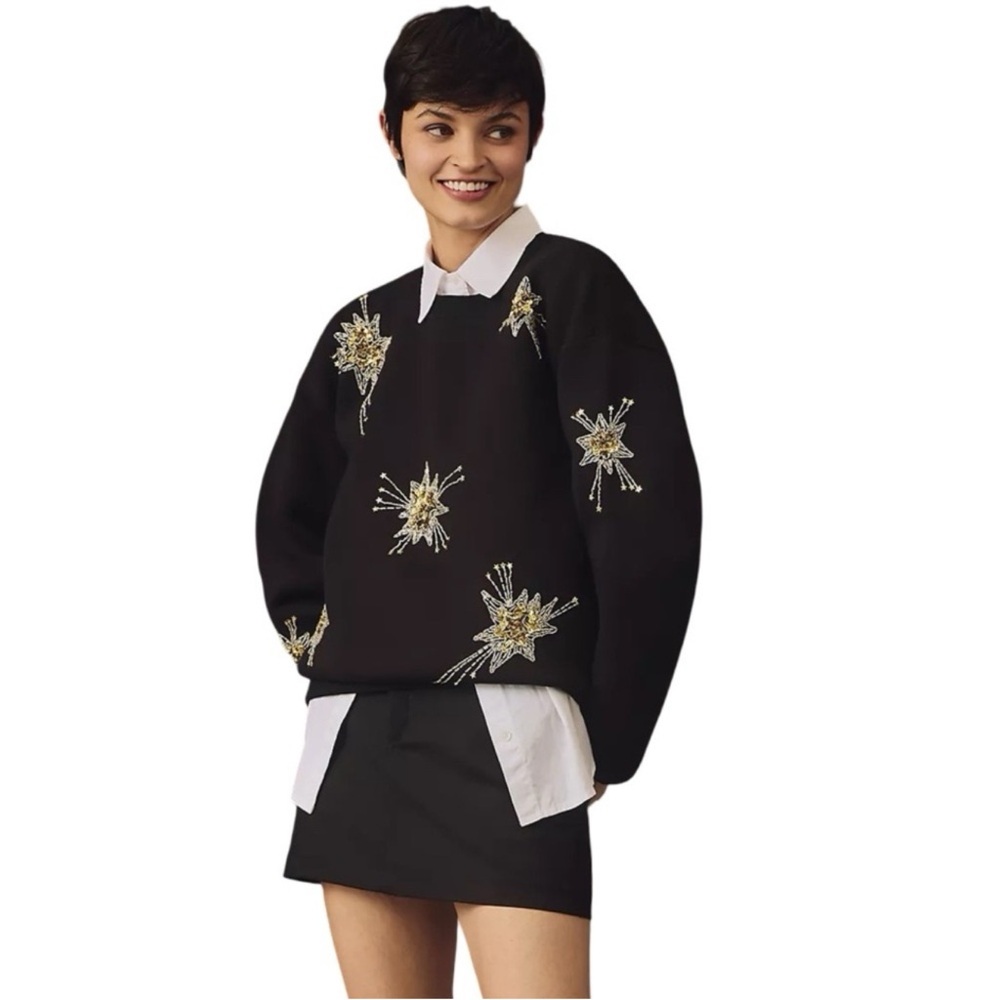 Anthropologie Black Sweater with Gold Embellishments